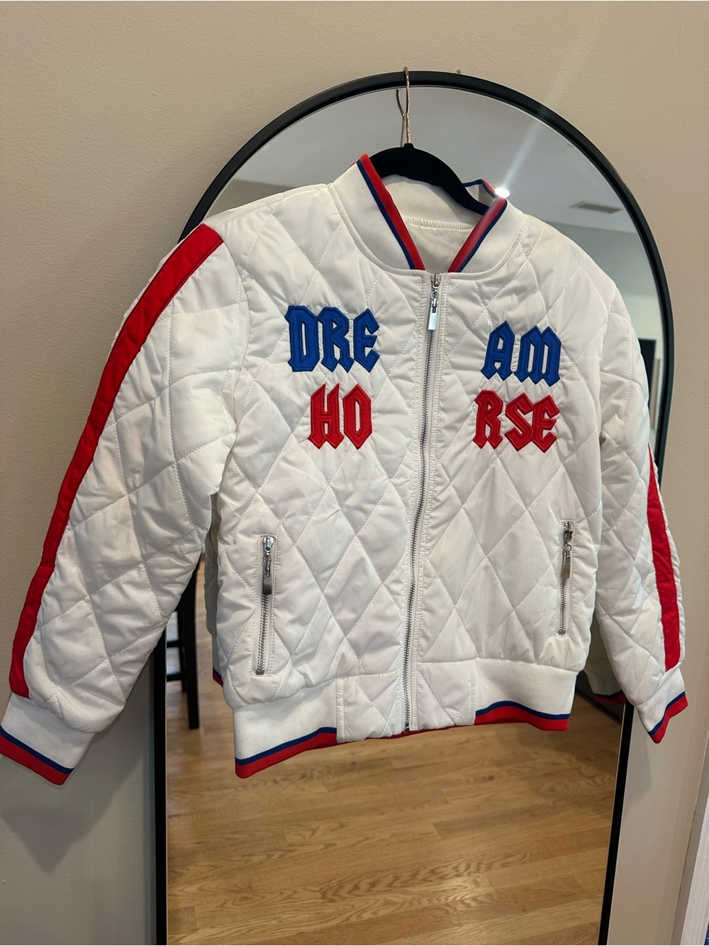 Dream Horse Quilted Bomber Jacket - White with Red & Blue Accents